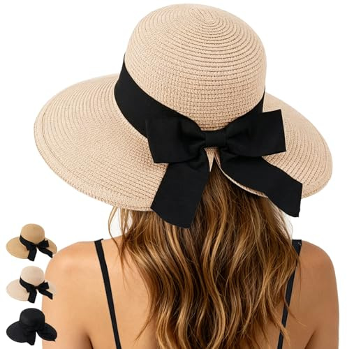 WENAUANG Bowknot Chapeau de Soleil pour Femme, Capelines Femme, Chapeau Femme Soleil UPF 50+, Bord Large Chapeau de Soleil de Pliable pour Voyage Plage Trekking Vélo Pêche (Beige)