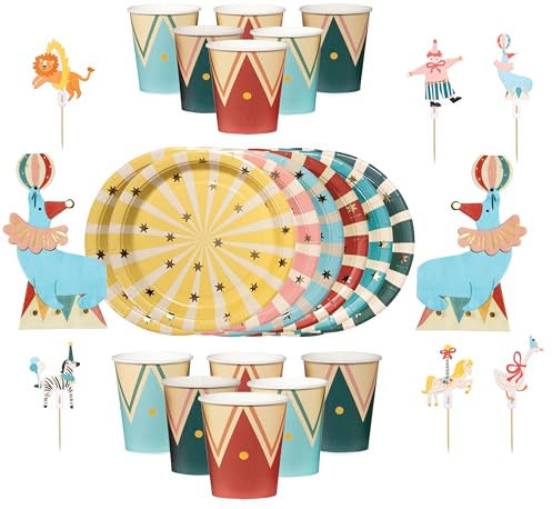Libetui Geschirrset Zirkus Geburtstag Party 42 Teile – für 12 Kinder | Circus Partygeschirr mit Tellern, Bechern, Servietten & Cake Toppern – Kindergeburtstag für Jungen & Mädchen