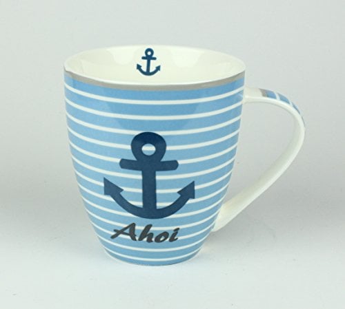 Buddel-Bini Maritimer Becher Anker AHOI gestreift Tasse Kaffee Becher Andenken weiß blau
