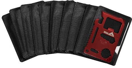 (10 Pack, Red) Ninja Outdoorsman 11 in 1 Stainless Steel Credit Card Pocket Sized Survival Multi Functional Tool - Stocking Stuffers, Christmas Gifts Under 10 Dollars