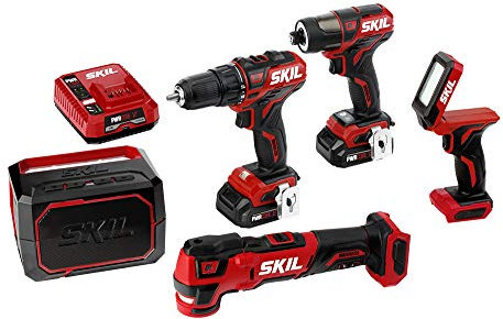 SKIL Kit combinado de 5 herramientas: taladro PWRCore 12 sin escobillas de 12 V, driver de impacto, multiherramienta oscilante, luz de área y altavoz Bluetooth, incluye dos baterías de litio de 2.0 Ah