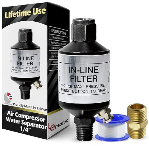 LE LEMATEC Séparateur d’Eau pour Compresseur d’Air – Filtre Anti-Humidité avec Valve de Vidange à Bouton Poussoir et Ruban Téflon – Accessoire pour Outils Pneumatiques
