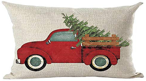 Ramirar Federa per cuscino con scritta Merry Christmas Happy New Year, stile retrò, con pick-up rosso, albero di pino, decorativo, per casa, soggiorno, letto, divano, auto, cotone, lino,