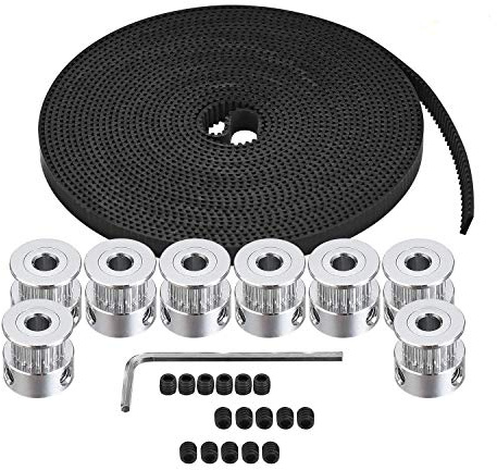Zeelo GT2 Timing Belt Pulley, 8pcs 5mm 20 Teeth Timing Pulley Wheel and GT2 5 Meters Rubber 2mm Pitch 6mm Wide Timing Belt with Allen Wrench for 3D Printer CNC