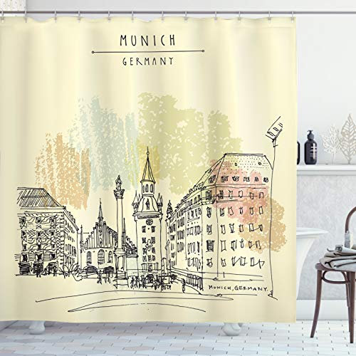 ABAKUHAUS Deutschland Duschvorhang, München Altes Rathaus Skizze, Stoffliches Gewebe Badezimmerdekorationsset mit Haken, 175 x 220 cm, Blassgelb Schwarz