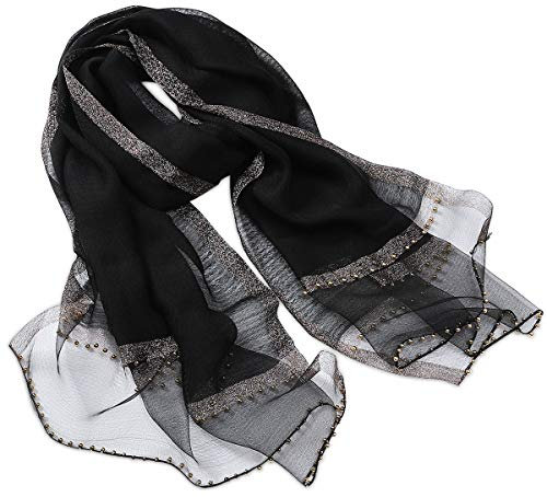 LumiSyne Frühling Seiden Chiffon Schal Damen Einfarbiger Halstücher Mode Seide Mit Tüll Perlen Dekoration Langer Seidentuch Sonnenschutz Schals Tücher Stola