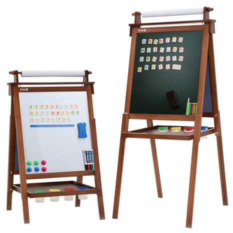 Dripex Kinder Kunst Staffelei mit Papierrolle doppelseitige Tafel und Magnetic Board für Kinder Malen Upgrade Whiteboard Kreidetafel(Walnussfarbe)