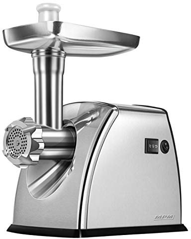 MPM MMM-07M Hachoir à Viande Électrique Professionnel, 3 Disques de Broyage 3mm, 5mm, 7mm, Poussoir à Saucisses, Fonction d'inversion, Boîtier Accessoires et Lame en Acier Inoxydable, 1800W