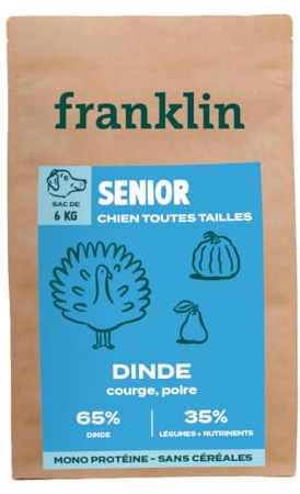 FRANKLIN – Croquettes Chien Senior – 65% Dinde – Faible en Graisse – 6 kg | Contrôle du poids – Soutient les Articulations – Riche en Protéines – Sans Céréales – Taille 13 mm – Fermeture intégrée