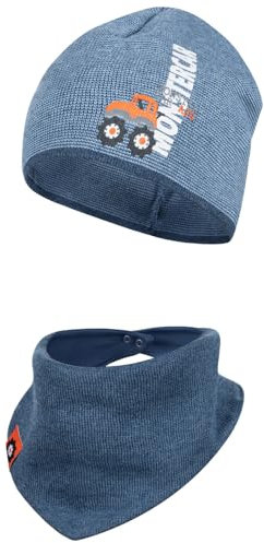 AJS Mütze + Dreieckstuch Set Junge Übergangsmütze Monstertruck Frühling Herbst, Farbe: Blau - C