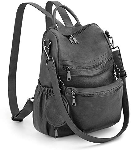 UTO Damen Rucksack Leder PU mit Abnehmbarer Bauchtasche Umhängetasche Schule Schulrucksack Rucksackhandtaschen Multifunktionsrucksack Große Kapazität Schultertaschen Reißverschluss Grau