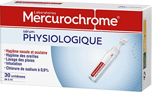 MERCUROCHROME - Sérum Physiologique - Hygiène nasale et Oculaire - Pour toute la famille - 0,98% Chlorure de Sodium - 30 unidoses de 5 mL - Fabriqué en France