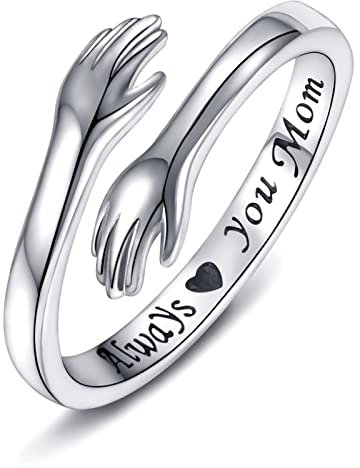 925 Sterling Silber Umarmungsringe für Frauen, I Love You Forever Love You Mutter Geschenk Schwester Geschenke Gravierte Worte Umarmung Hände Offener Ring (Always love you mom)