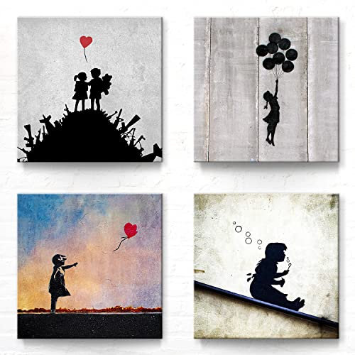 Banksy Bilder 4-er Set als Leinwandbilder. Jedes Bilderset-G Wandbild ist 50x50cm groß und Aufhängefertig zum Dekorieren. Banksy Graffiti Kunst für die 4 Wände. Ideal auch zum verschenken