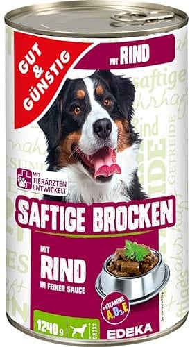 Gut & Günstig Saftige Brocken mit Rind 1240g Hundefutter Hunde Nassfutter in Dose | Alleinfuttermittel für ausgewachsene Hunde | Saftige Fleischstückchen schonend dampfgegart