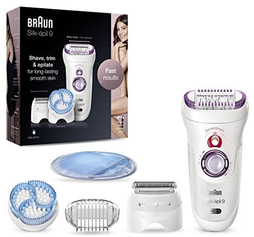 Braun Silk-épil 9 Epilierer Damen / Haarentferner für langanhaltende Haarentfernung, Aufsätze für Rasierer, Trimmer, Peeling und Massage für Körper, Tasche, 9-735, weiß/lila