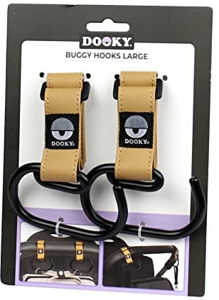 Dooky - Kinderwagen Haken Large, 2 Stück - Kinderwagenhaken Buggy für Taschen, Kinderwagen Clips Anhänger Taschenhaken - Aluminium - Braun - Universelle Passform