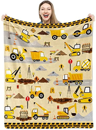 Kuscheldecke Kinder Jungen Bagger Weich Warm Baustelle LKW-Traktor Flauschige Decke Baustelle Truck Flanell Fleecedecke Druck Bagger Plüsch Wohndecke Überwurfdecke für Sofa Couch Bett Deko 100x130 cm