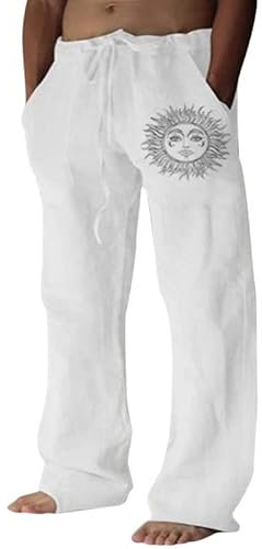 Litthing Mens Linen Trousers Cotton Jogging Bottoms Casual Summer Pants with Pockets Loose Fit Drawstring Trouser Comfortable Lightweight Pant White