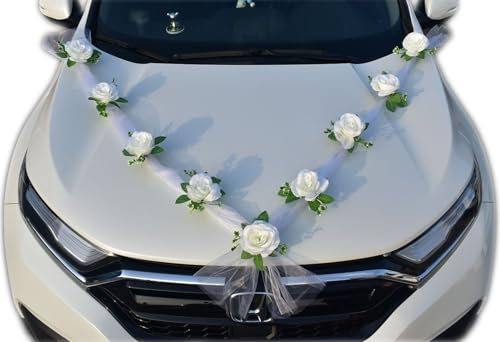 Chexin Premium Autoschmuck Hochzeit Motorhaube Braut Paar，Weiß Rose Dekoration,Auto Schmuck Hochzeit mit Saugnäpfen und Gaze, Car Auto Wedding Deko, Rosen Girlande Autodeko