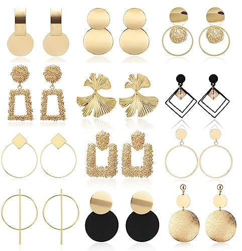 HIFOT 12 Paar Vintage Geometrisch Ohrringe, Gold Set, Runde Ohrstecker, Anhänger, Frauen Schmuck Zubehör
