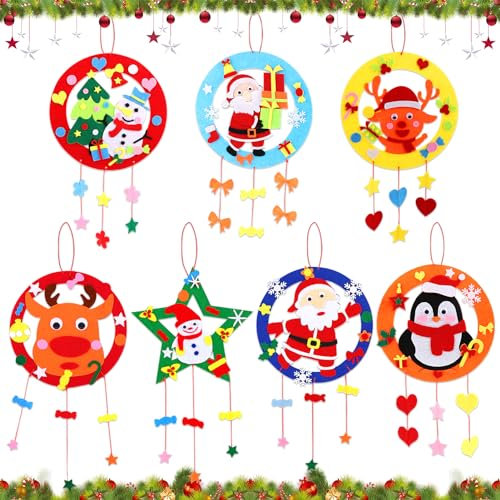 Lets Joy 7 Stück Weihnachtskränze Bastelset für Kinder, Weihnachten Filz Bastelset, Bastelset Weihnachten, DIY Weihnachtsdekoration, Weihnachten Kranz, Weihnachts Basteln Anhänger Geschenk