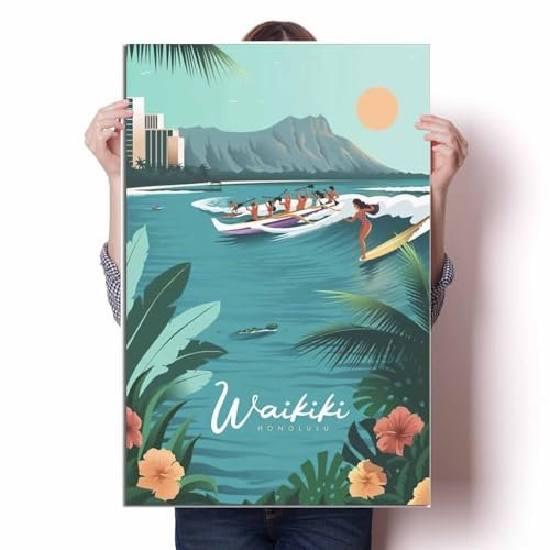 LIULAG Kunstdrucke 30x45cm Ungerahmt Waikiki Honolulu Hawaii Surf Vintage Reise Poster Haus Wohnkultur Leinwand Malerei Büro Vintage