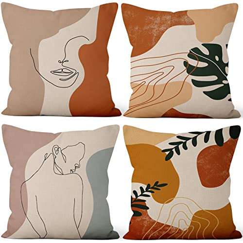 ASDCXZ Boho Kissenbezug 50x50 cm 4er Set, Modern Abstrakt Kunst Linie Mädchen Blätter Beige Sofa Dekokissen Kissenbezüge Kissenhülle Waschbar Polyester Flachs Textil Polster Kopfkissenbezug