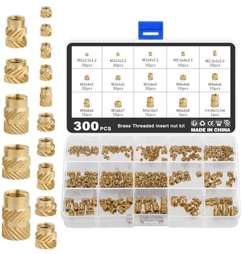 Mynoozi 300pcs Threaded Brass Inserts – M2 M2.5 M3 M4 M5 M6 Threaded Insert Knurled Nuts for 3D Printing (Press-In Female Inserts)