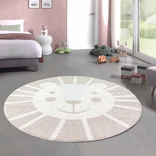 CARPETIA Teppich Kinderzimmer Hoch-Tief-Effekt pflegeleicht Allergiker freundlich Löwenmuster Creme braun weiß, 80 cm Rund