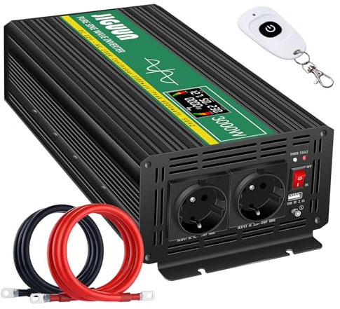JIGUUN 3000W inverter 12v 220v onda pura Trasformatore con 2 prese EU e una porta USB 2.4A Telecomando senza fili e display LCD Potenza di picco 6000W per camion camper emergenza
