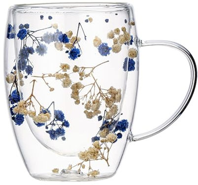 Double Walled Glass Mugs 350ml - Dried Flowers Double Wall Glass Coffee Mugs With Handle - Anti-Scalding Double Walled Coffee Mug With Dried Flowers For Hot Beverages Juice Milk Tea Or Coffee