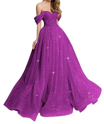 KURFACE Vestidos de baile de graduación con hombros descubiertos, vestido largo de tul con purpurina, vestido de fiesta de noche formal WSX465 fucsia UK8