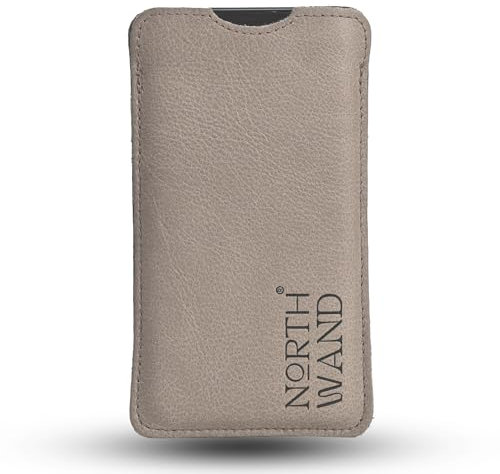 NorthWand Breite Echtleder Hülle für iPhone 15 Pro / 15, 14 Pro / 14, 13 Pro / 13, 12 Pro / 12 MIT Apple Case. Tasche, Handyhülle - Pflanzlich gegerbtes Leder, Signet-Prägung, Made in Germany, Grau