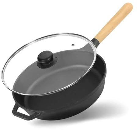 4BIG.fun BRIZOLL - Sartén de hierro fundido (22 cm, 40 mm de profundidad, con tapa de cristal, hierro fundido, con mango de madera, inducción, para todo tipo de fuegos)