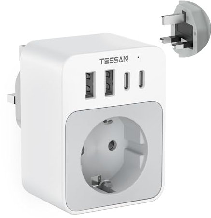 TESSAN Reiseadapter UK, 20W Reiseadapter Typ G mit 2 USB C und 2 USB A, 3250W Adapter England Deutschland Stecker, Schnellladung für Phone, Adapter für Großbritannien Irland Schottland
