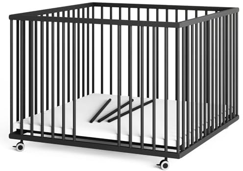 Sämann Laufstall Baby 100x100 cm mit Matratze SleepPlus und 3 Schlupfsprossen| TÜV geprüft 2024 | stufenlos höhenverstellbar | Laufgitter Premium | Babybett aus Holz | Krabbelgitter Black Edition