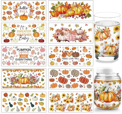 arricraft 10 Sheets Pumpkin Printed UV DTF Cup Wrap, Melons Autumn Harvest Theme Rub on Decals PVC Transfer Stickers for DIY Thanksgiving Food Containers or 16OZ Glass Cups