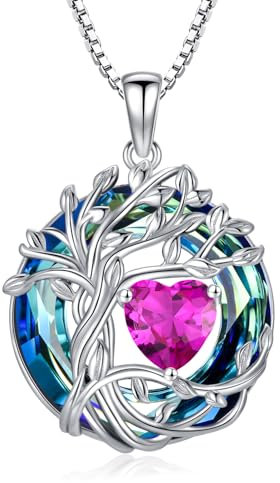 TOUPOP October Birthstone Necklace 925 Sterling Silver Tree of Life Pink Tourmaline Heart Pendant Necklaces Irish Family Jewellery Gifts for Women Her Mum Wife Ladies Christmas Birthday Gift Ideas