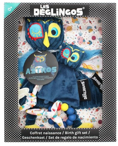 LES DÉGLINGOS - Coffret Cadeau Doudou - Doudou et Anneau de Dentition Astros Le Hibou - Rembourrage Polyester recyclé - Idéal pour Un Cadeau de Naissance - 28 cm - Bleu