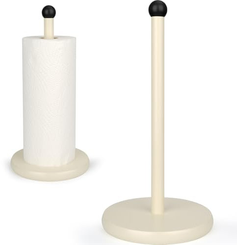 E-ROOM TREND Küchenrollenhalter/Papierrollenhalter | Stabiler Rollenhalter aus Holz mit schwerem Standfuß | Stabiler Küchenrolle Organizer für Arbeitsplattenschränke (A080) | Weiß und Schwarz