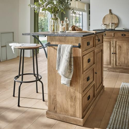 LOBERON Küchenblock Montégut, Herausklappbare Zusatzplatte, Markante Maserung, Küchenmöbel, Küchenschrank, Kücheninsel, Eisen, Mangoholz, Veneer-Stein, braun/schwarz