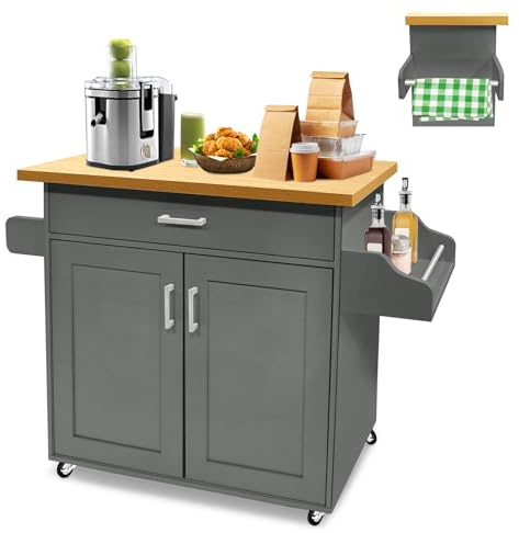 LZQ Carrito de cocina con encimera, mueble de cocina móvil, isla de cocina, carrito con ruedas, carrito de cocina, carrito para servir, 115 x 36 x 90 cm, gris