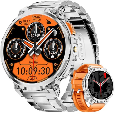 DREMAC Smartwatch Herren-1.85‘’ HD Großes Display/730 mAh Akku Sportuhr Herren mit Taschenlampe/120+ Sportmodi,IP68 Wasserdicht Fitnessuhr mit 24/7 Herzfrequenz,Schlafmonitor für Android iOS,Silber