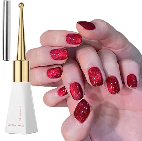 Cherry Red Glitter Cat Eye Gel Nail Polish - Holographic Sparkle - Soak Off UV/Led - Magnetic Red Glitter Cat Eye Gel Polish