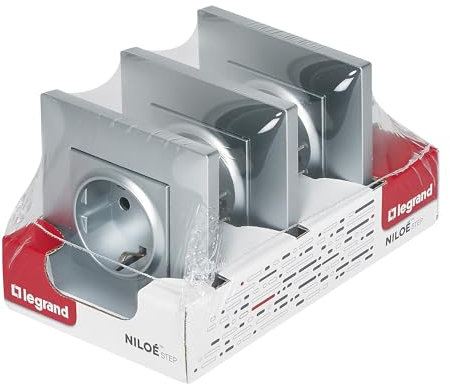 LEGRAND Pack 3 enchufes 2P+T 16A monobloc para instalación empotrada, Gama Niloé Step, Color Alumunio, 398303