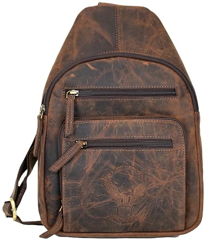 MDM Rucksack Umhängetasche Herren Leder Sling Bag aus Echtleder, kleine Crossbody Schultertasche Vintage für Freizeit, Adler Prägung