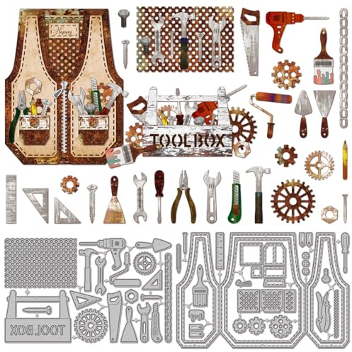 GLOBLELAND Tool Vest Cutting Dies for Card Making Repair Toolbox Die Cuts Gears Pegboard Metal Border Die Cut Dies Stencils for DIY Scrapbooking Embossing Photo Album Craft Decor