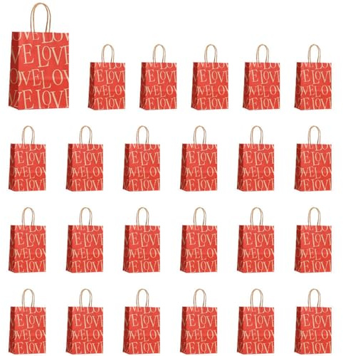 Bosiyrggrl E 24 Pcs Valentines Day Candy Bags with Handles Heart Love Paper Bags for Wedding and Valentine