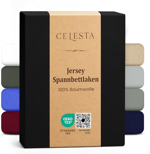 CELESTA Spannbettlaken 180x200cm 100% Baumwolle, Oeko-TEX Zertifiziert | Bettlaken 100% Jersey Baumwolle, Spannbetttuch 180x200, Matratzenhöhe bis 25 cm für Boxspringbett, Schwarz